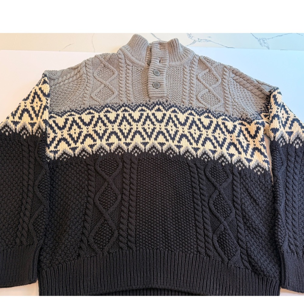 LL Bean Signature Mens Gray Fair Isle Cotton Fisherman Henley Sweater Large‎ NWT